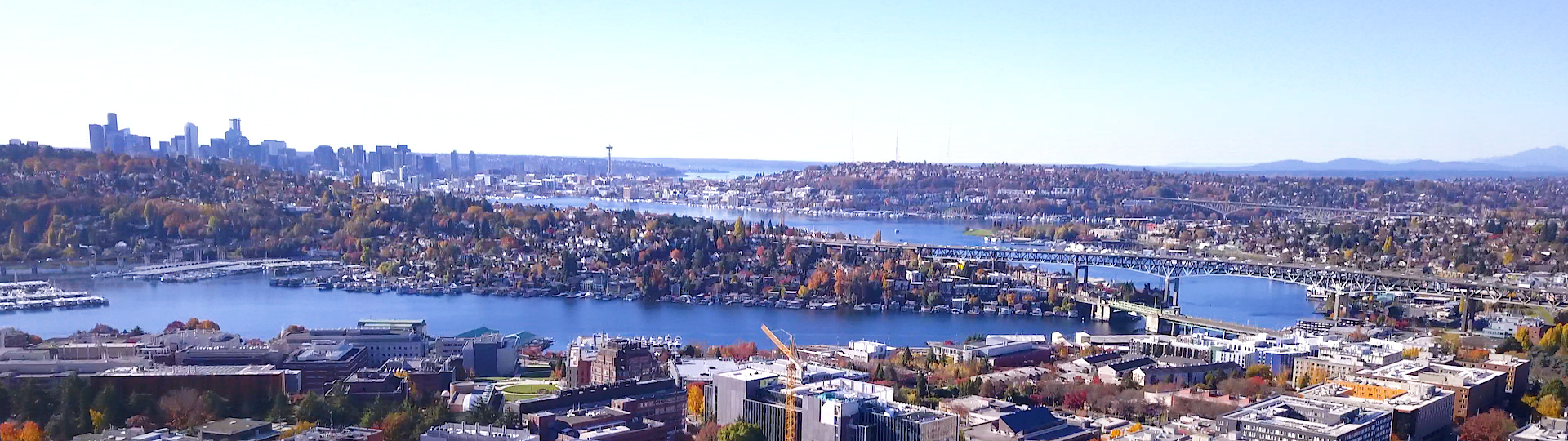 Drone shot of Seattle, Lake Union from UW campus