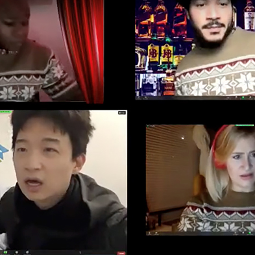 screen capture of actors performing in online production from their homes. 