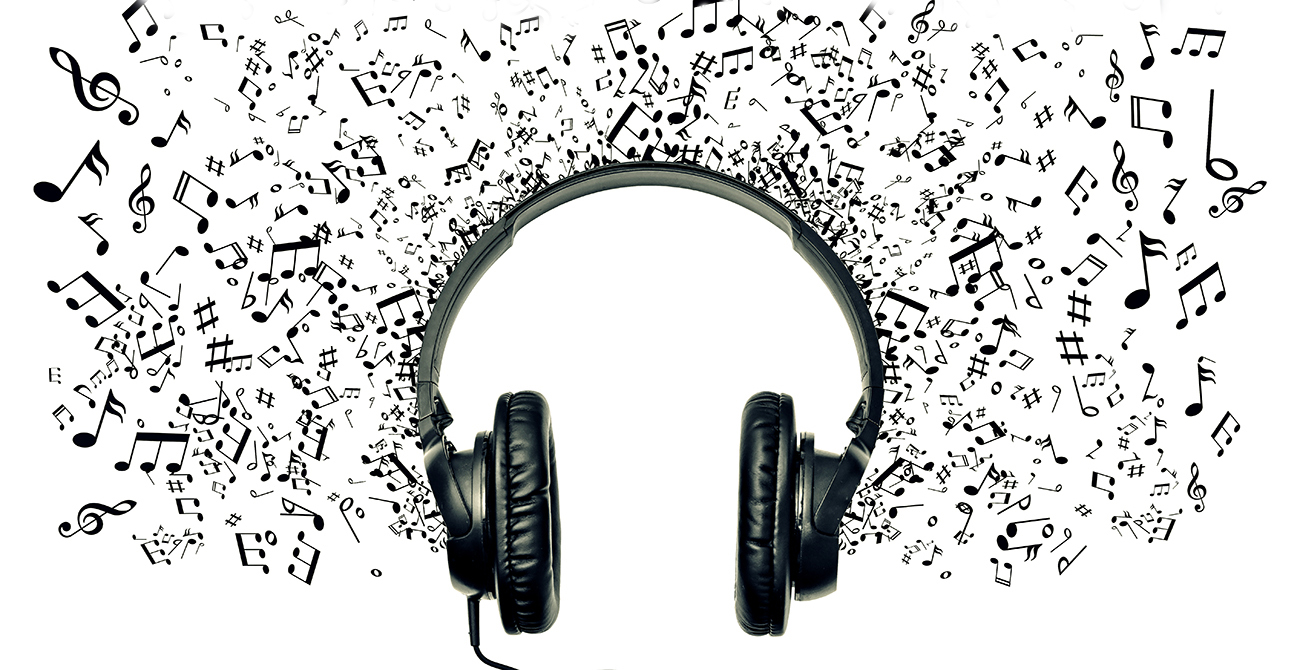 Illustration with musical notes surrounding headphones.