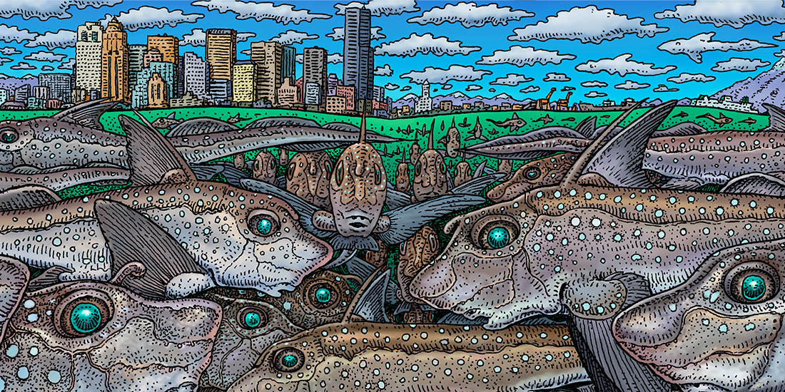 "Cruising Around Ratfish Empire" artwork by Ray Troll and Burke fossils