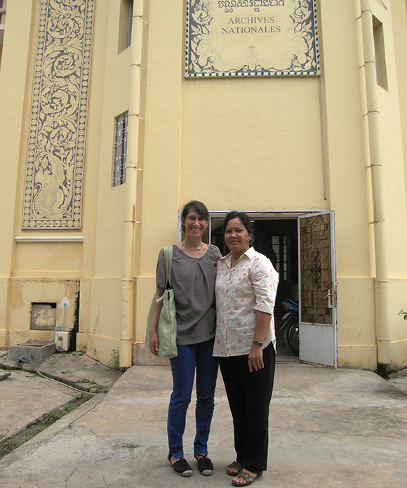 two women smiling in front of building, the National Archives of Cambodia, Phnom Penh