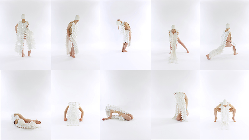 10 still images from "Chorus of One,"  capturing a dancer's movement in a dress created with sheets of white glass. 