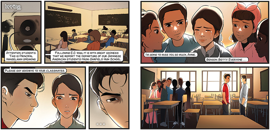 Six panels of a comic novella, with scenes of students in a high school. 