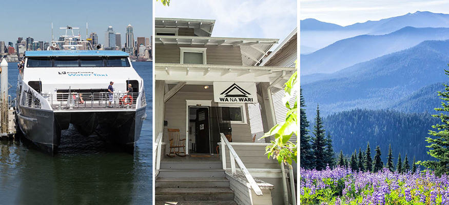 Photos of the West Seattle Water Taxi, the entrance to Wa Na Wari, and Hurricane Ridge