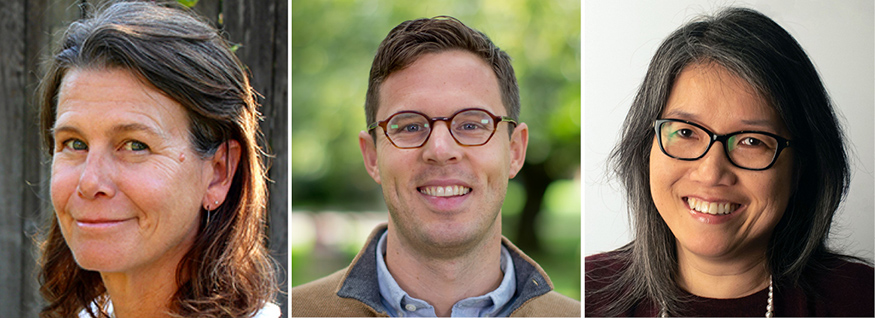 Headshots of UW Communication professors Adrienne Russell, Matthew Powers, and Patricia Moy.
