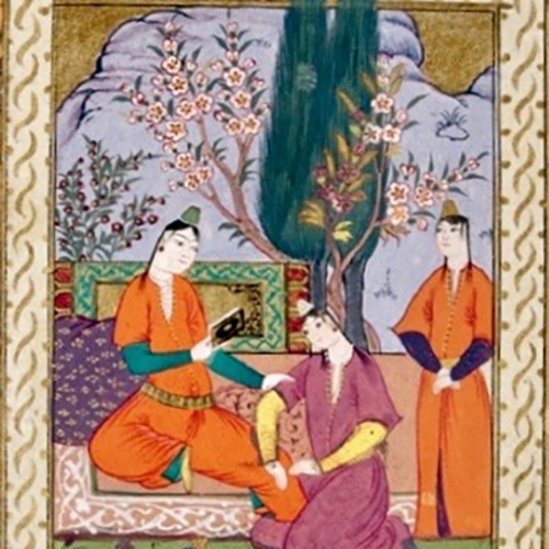 Colorful Ottoman Empire artwork of women in a garden